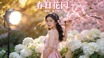 美女写真摄影《春日花园》封面 - 模特在花丛中的优雅肖像